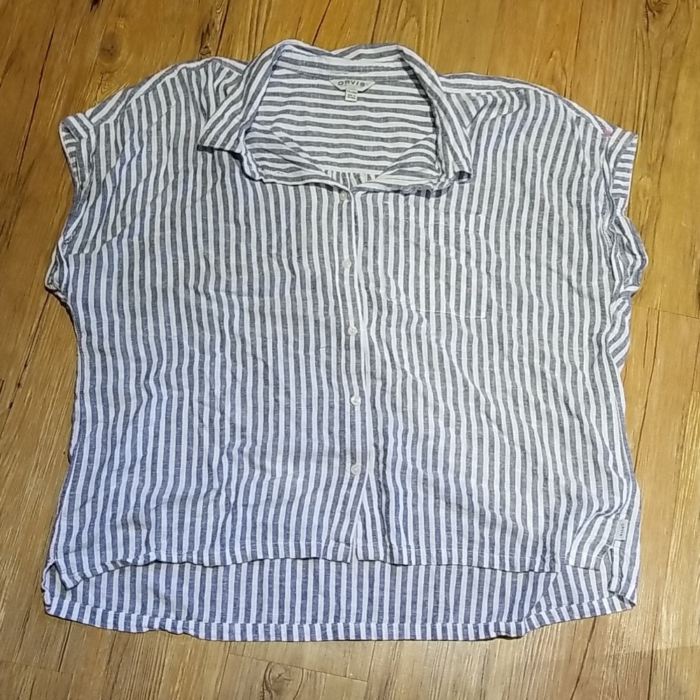 Orvis Linen Blend Striped Button-Up Shirt W/collar Short Sleeve Sz XXL